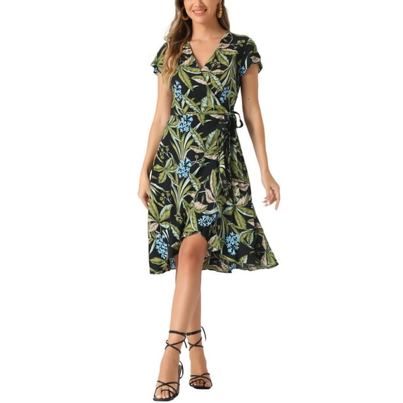 INSPIRE CHIC Women's Midi Wrap Summer Tropical Floral Dress