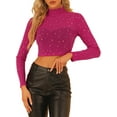 thumbnail image 1 of INSPIRE CHIC Women's Mock Neck Long Sleeve Stars Mesh See Through Cropped Blouse, 1 of 5