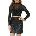 thumbnail image 1 of INSPIRE CHIC Women's Mock Neck Long Sleeve Stars Mesh See Through Cropped Blouse, 1 of 5