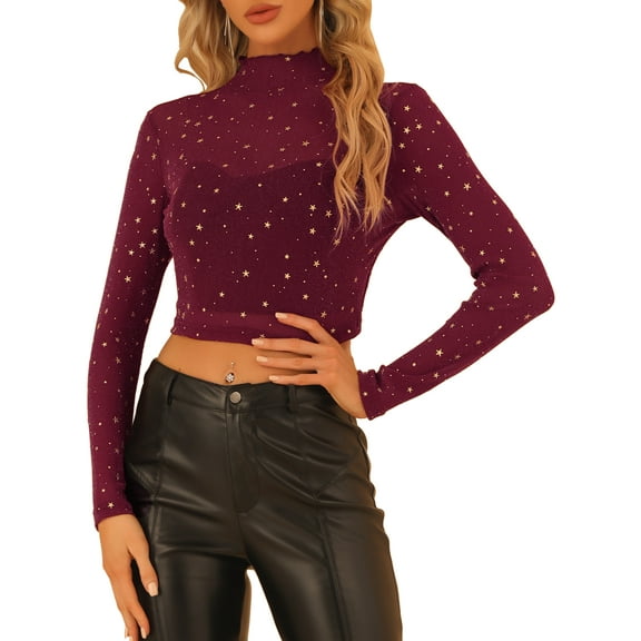 INSPIRE CHIC Women's Mock Neck Long Sleeve Stars Mesh See Through Cropped Blouse