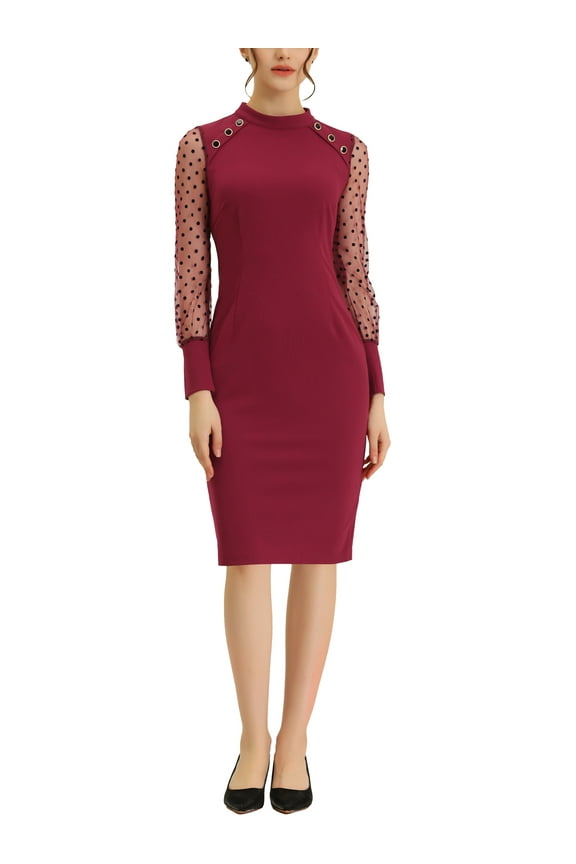 Women's Mock Neck Mesh Dots Long Sleeve Button Decor Sheath Midi Dress