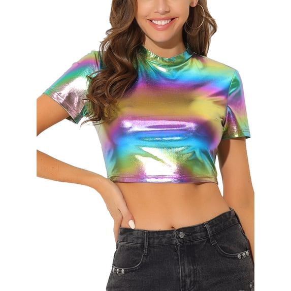 INSPIRE CHIC Women's Mock Neck Party Short Sleeve Metallic Crop Tops M Multicolor