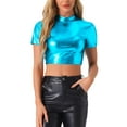 thumbnail image 1 of INSPIRE CHIC Women's Mock Neck Party Short Sleeve Metallic Crop Tops M Peacock Blue, 1 of 6