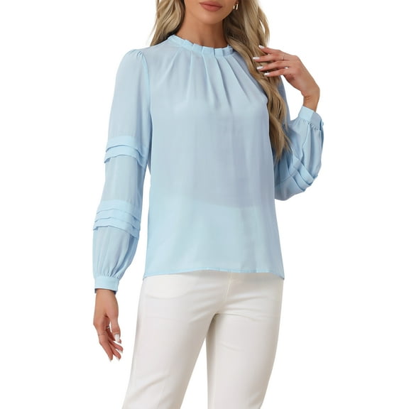 INSPIRE CHIC Women's Mock Neck Pleated Solid Lantern Long Sleeve Blouse
