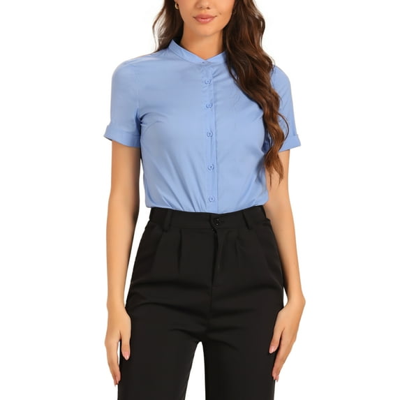 INSPIRE CHIC Women's Mock Neck Short Sleeve Button Down Bodysuit Tops XL Blue