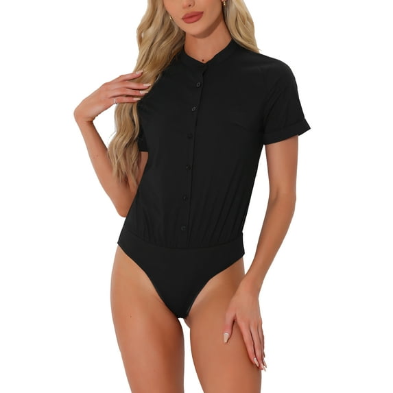 INSPIRE CHIC Women's Mock Neck Short Sleeve Button Down Bodysuit Tops XS Black