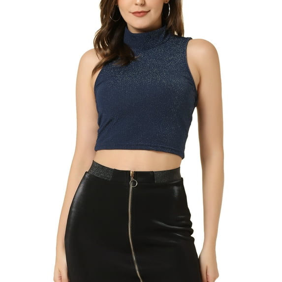 INSPIRE CHIC Women's Mock Neck Sleeveless Keyhole Back Glittery Cropped Tank Top S Dark Blue