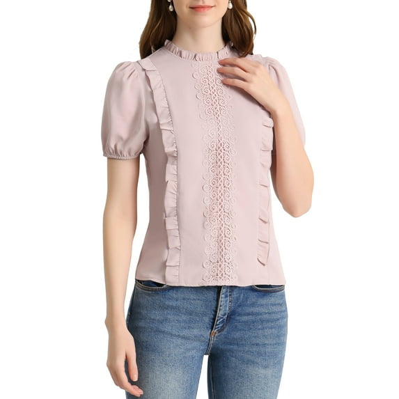 INSPIRE CHIC Women's Mock Neck Sleeveless Lace Work Office Button Down Shirt M Pink
