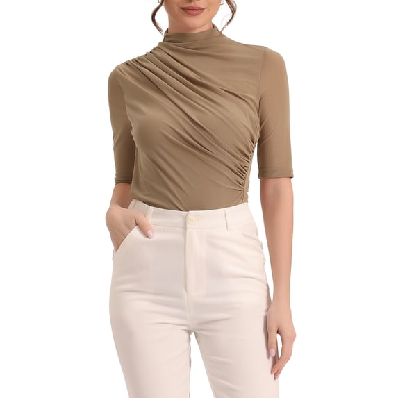 INSPIRE CHIC Women's Mock Neck T-Shirts Stretch Elbow-Length Sheer Mesh Ruched Tops XL Caramel