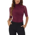 thumbnail image 1 of INSPIRE CHIC Women's Mock Neck T-Shirts Stretch Elbow-Length Sheer Mesh Ruched Tops XL Burgundy, 1 of 5
