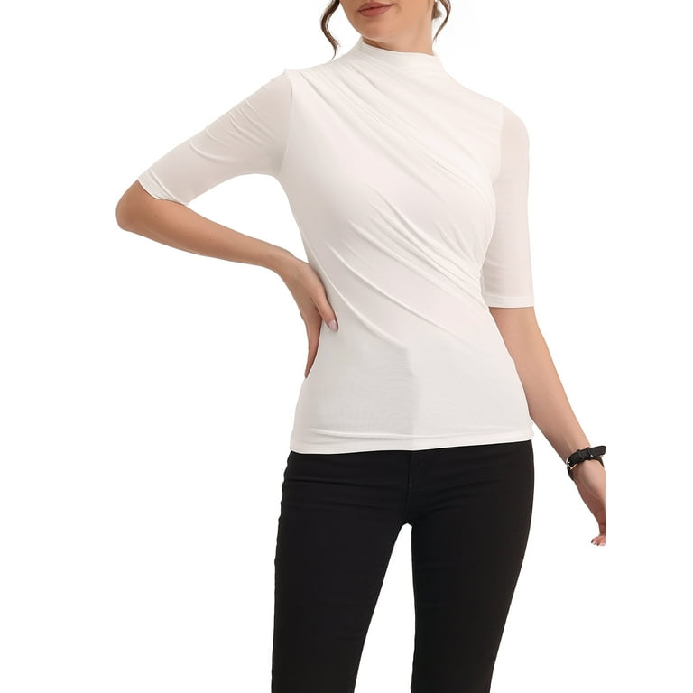 Allegra K Women's Mock Neck T-Shirts Stretch Slim Fit Short Sleeve Sheer  Mesh Ruched Tops