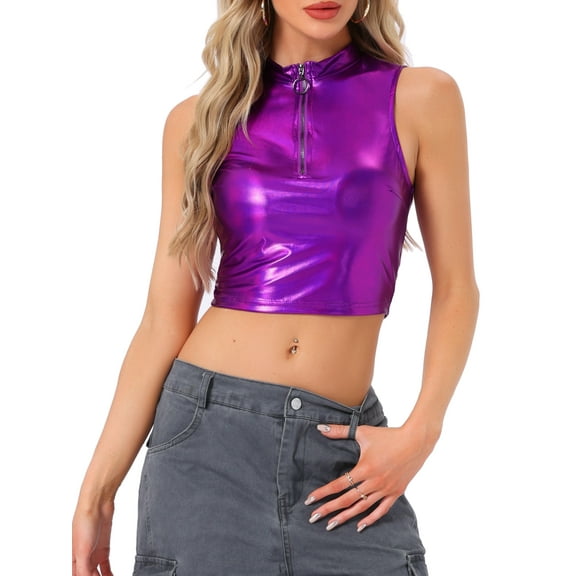 INSPIRE CHIC Women's Top Mock Neck Zipper Front Sleeveless Holographic Sparkle Party Tops S Dark Purple
