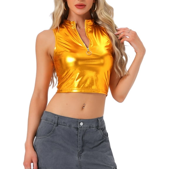 INSPIRE CHIC Women's Top Mock Neck Zipper Front Sleeveless Holographic Sparkle Party Tops XL Dark Gold