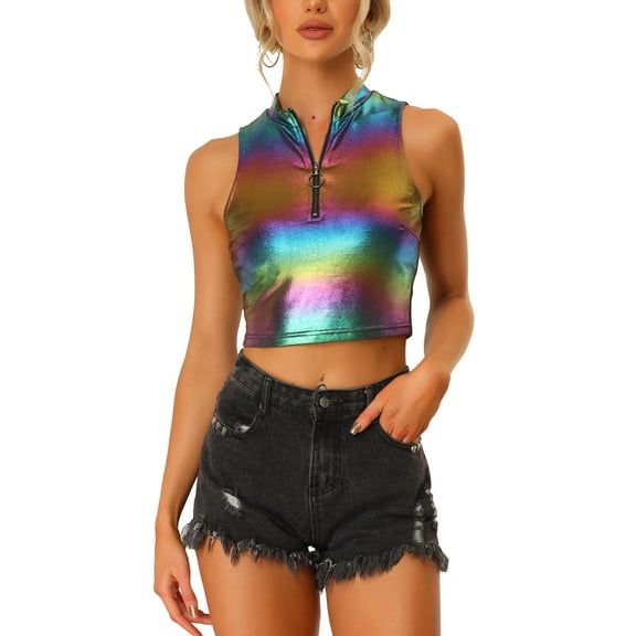 INSPIRE CHIC Women's Top Mock Neck Zipper Front Sleeveless Holographic Sparkle Party Tops XS Multicolor Black