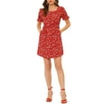 thumbnail image 1 of INSPIRE CHIC Women's Neck Square Puff Sleeve Elastic Waist Mini Floral Dress XS Red, 1 of 6