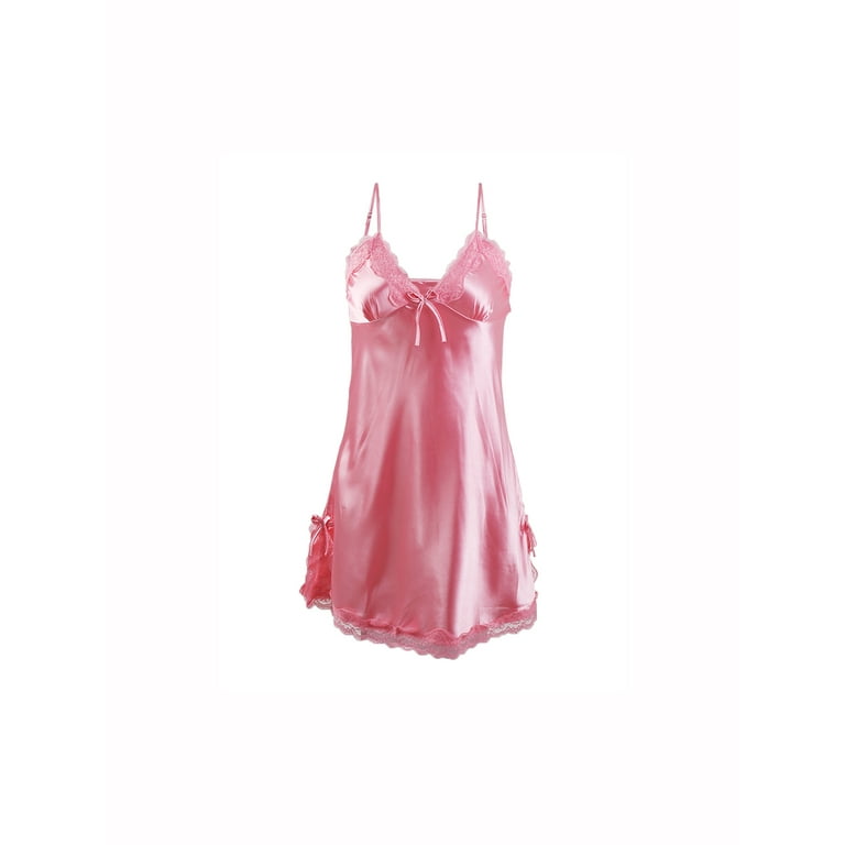 Allegra K Women Satin Lace Trim Sleepwear Nightgown Pajama Slip Dress  Fuchsia-Lace M