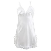 Women Sexy Satin Lace Trim Sleepwear Nightgown Pajama Slip Dress White-lace XL