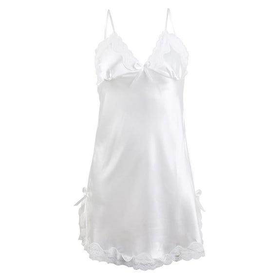 INSPIRE CHIC Women Satin Lace Trim Sleepwear Nightgown Pajama Slip Dress White-lace XL