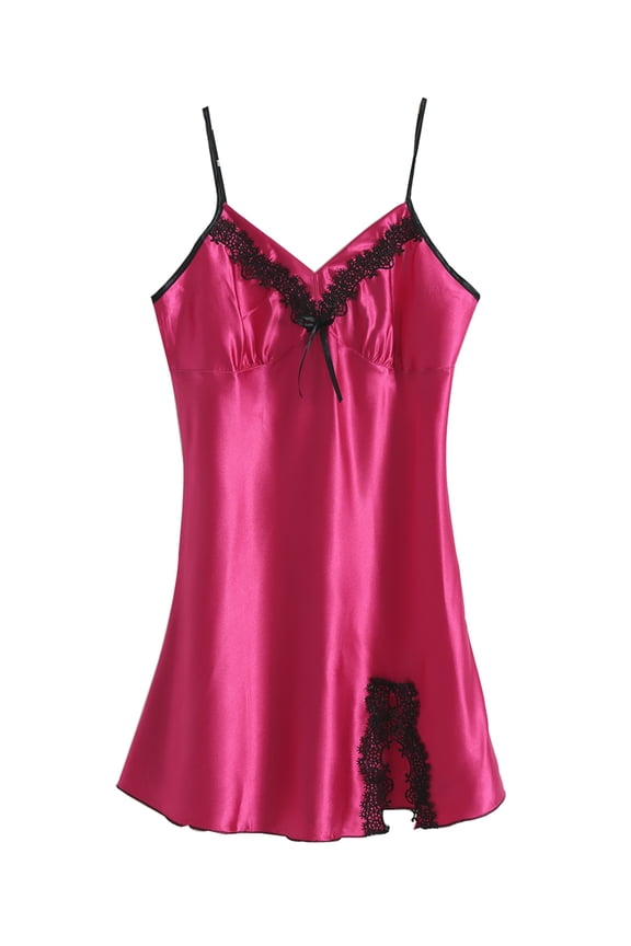 Women Satin Lace Trim Sleepwear Nightgown Pajama Slip Dress Fuchsia-Lace XXL