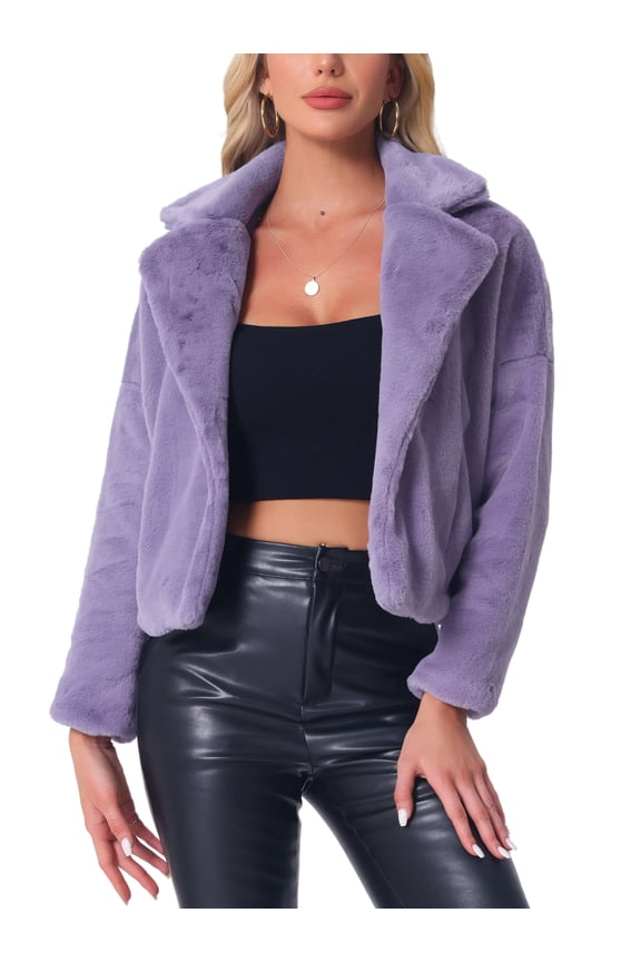 Women's Notch Collar Long Sleeve Open Front Faux Fur Fluffy Cropped Jacket L Grey Purple
