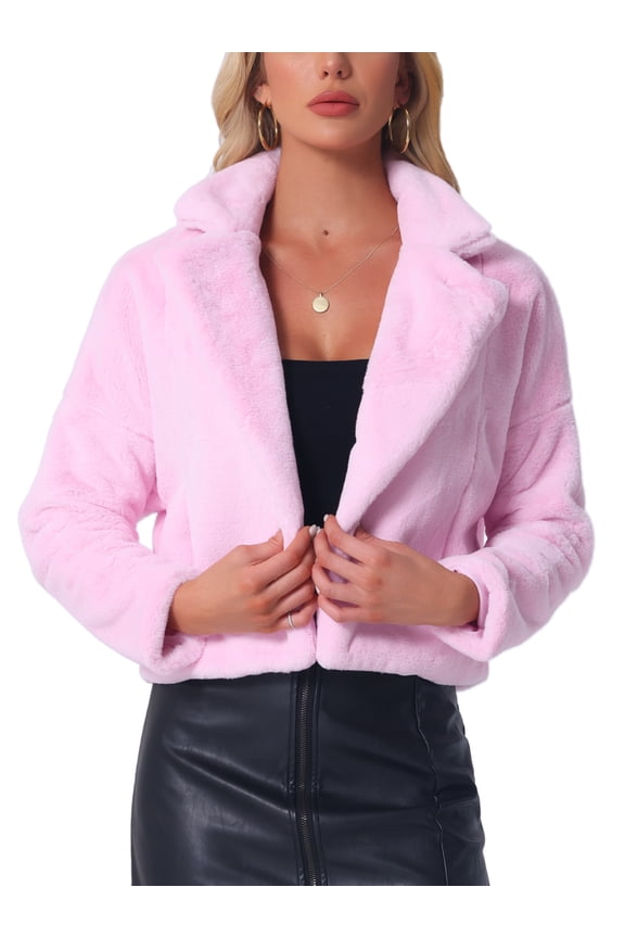 Women's Notch Collar Long Sleeve Open Front Faux Fur Fluffy Cropped Jacket L Light Pink