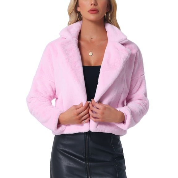 INSPIRE CHIC Women's Notch Collar Long Sleeve Open Front Faux Fur Fluffy Cropped Jacket M Light Pink