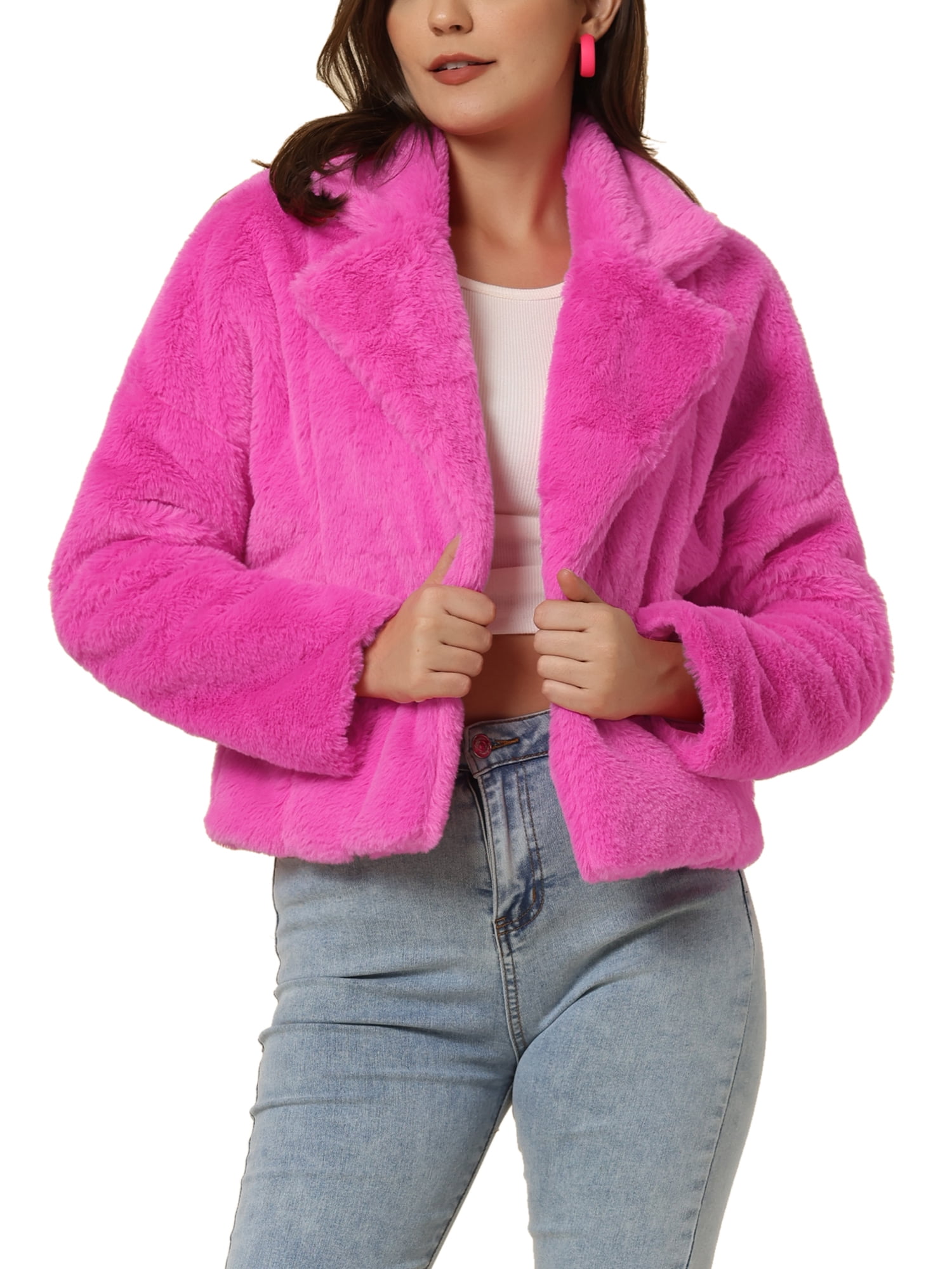 Allegra K Women's Hot Pink Faux Fur Cropped Jacket, Notch Collar, Long ...