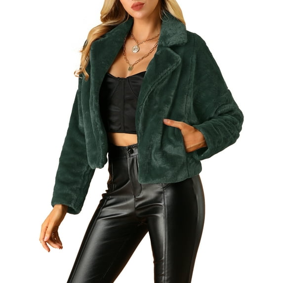 INSPIRE CHIC Women's Notch Collar Long Sleeve Open Front Faux Fur Fluffy Cropped Jacket XS Dark Green