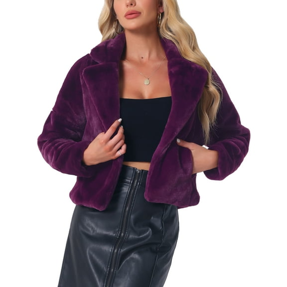 INSPIRE CHIC Women's Notch Collar Long Sleeve Open Front Faux Fur Fluffy Cropped Jacket XS Grape Purple