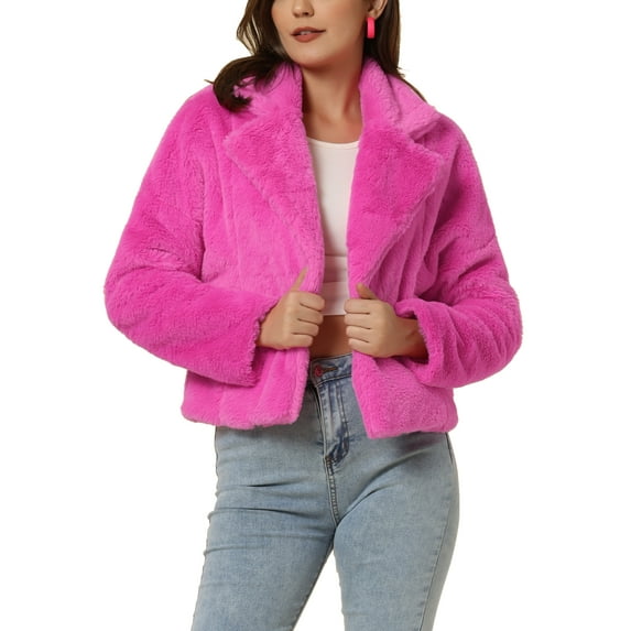 INSPIRE CHIC Women's Notch Collar Long Sleeve Open Front Faux Fur Fluffy Cropped Jacket XS Hot Pink