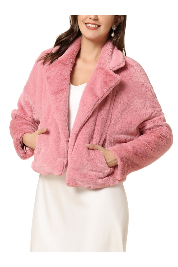 Women's Notch Collar Long Sleeve Open Front Faux Fur Fluffy Cropped Jacket XS Pink