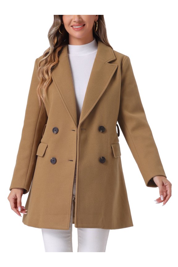 Women's Notch Lapel Double Breasted Belted Mid Length Trenchcoat L Camel