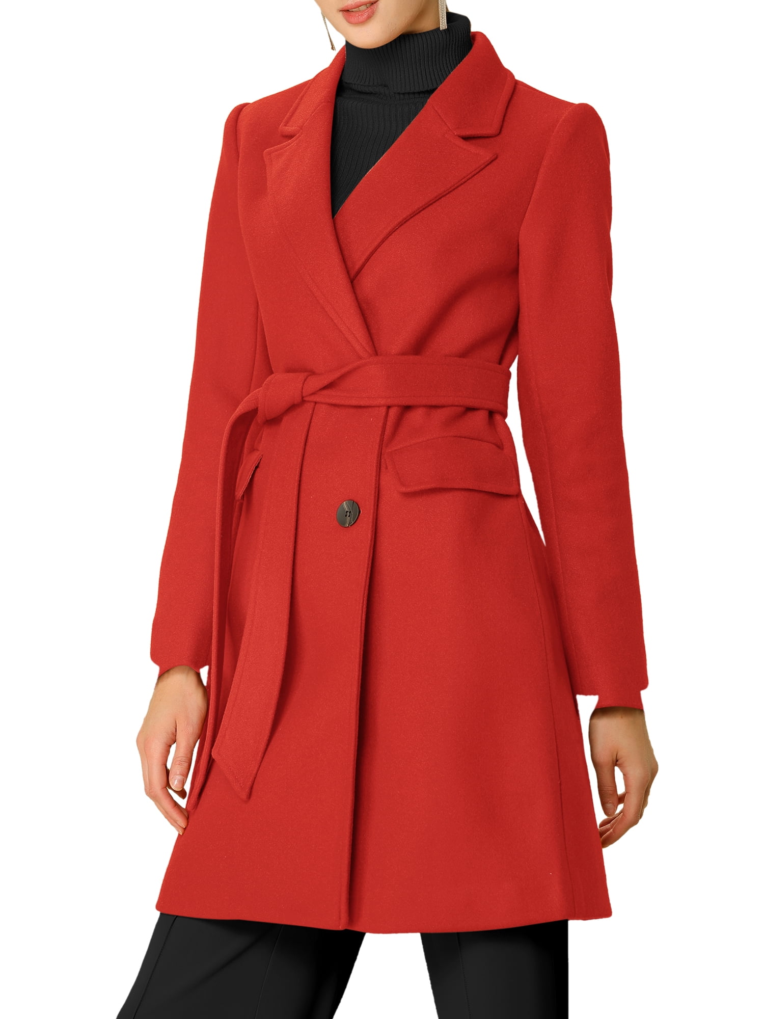 Allegra K Women s Notch Lapel Double Breasted Belted Mid Length