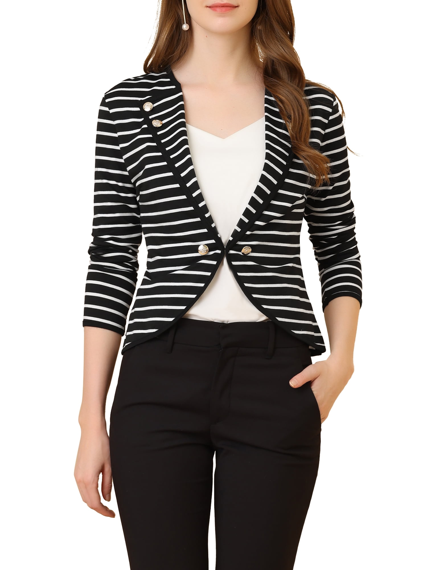 Women's Notched Lapel Button Decor Thin Striped Blazer L Black