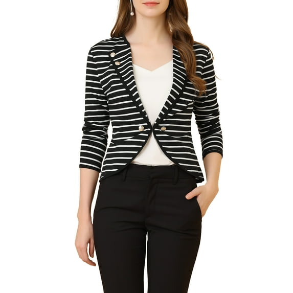 INSPIRE CHIC Women's Notched Lapel Button Decor Thin Striped Blazer M Black