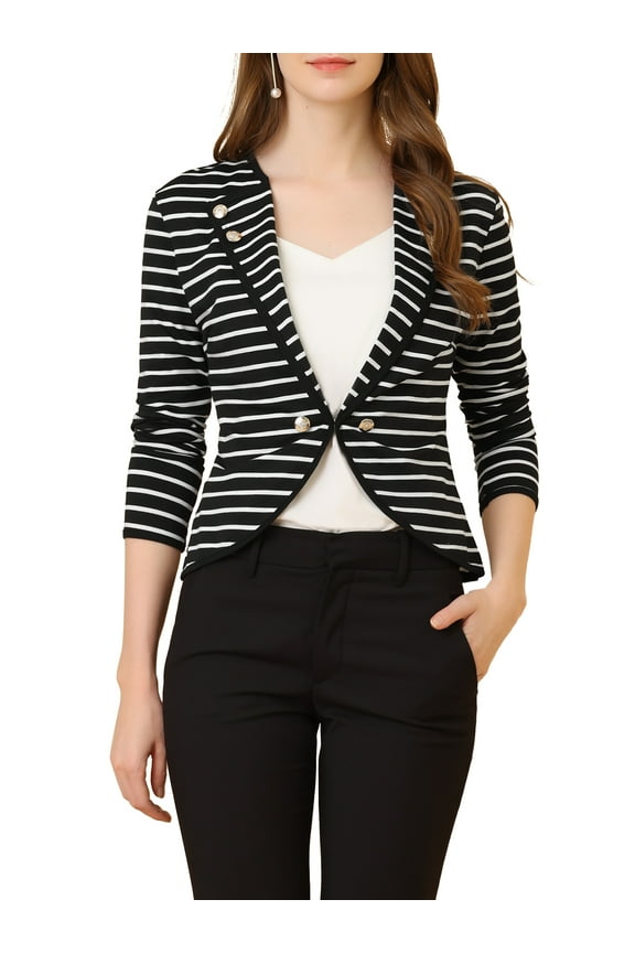 Women's Notched Lapel Button Decor Thin Striped Blazer M Black