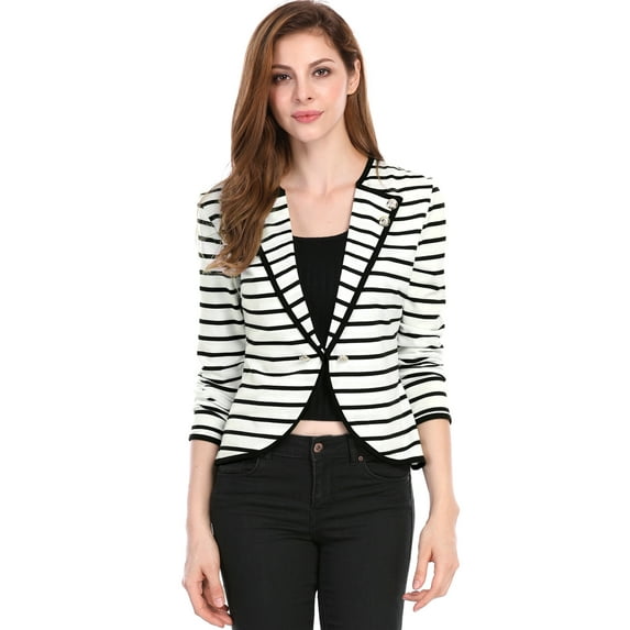 INSPIRE CHIC Women's Notched Lapel Button Decor Thin Striped Blazer S Black White