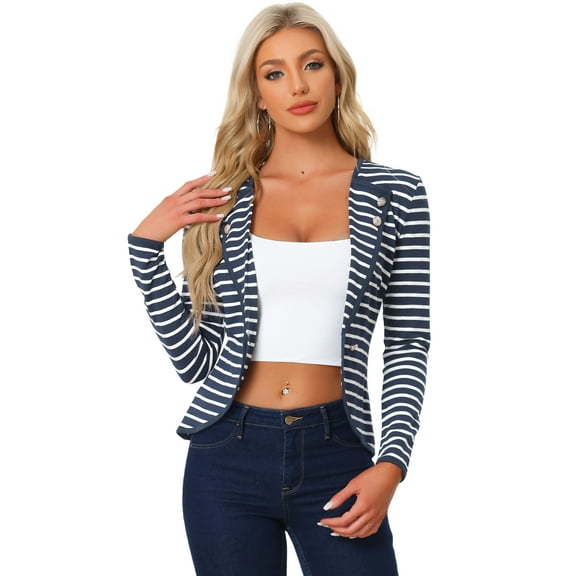 INSPIRE CHIC Women's Notched Lapel Button Decor Thin Striped Blazer L Blue
