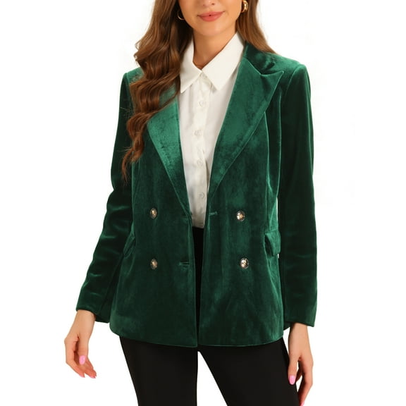 INSPIRE CHIC Women's Notched Lapel Button Front Long Sleeve Double Breasted Velvet Blazer S Dark Green
