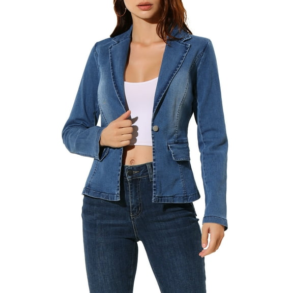 INSPIRE CHIC Women's Notched Lapel Button Up Long Sleeve Washed Denim Jacket M Mid Blue