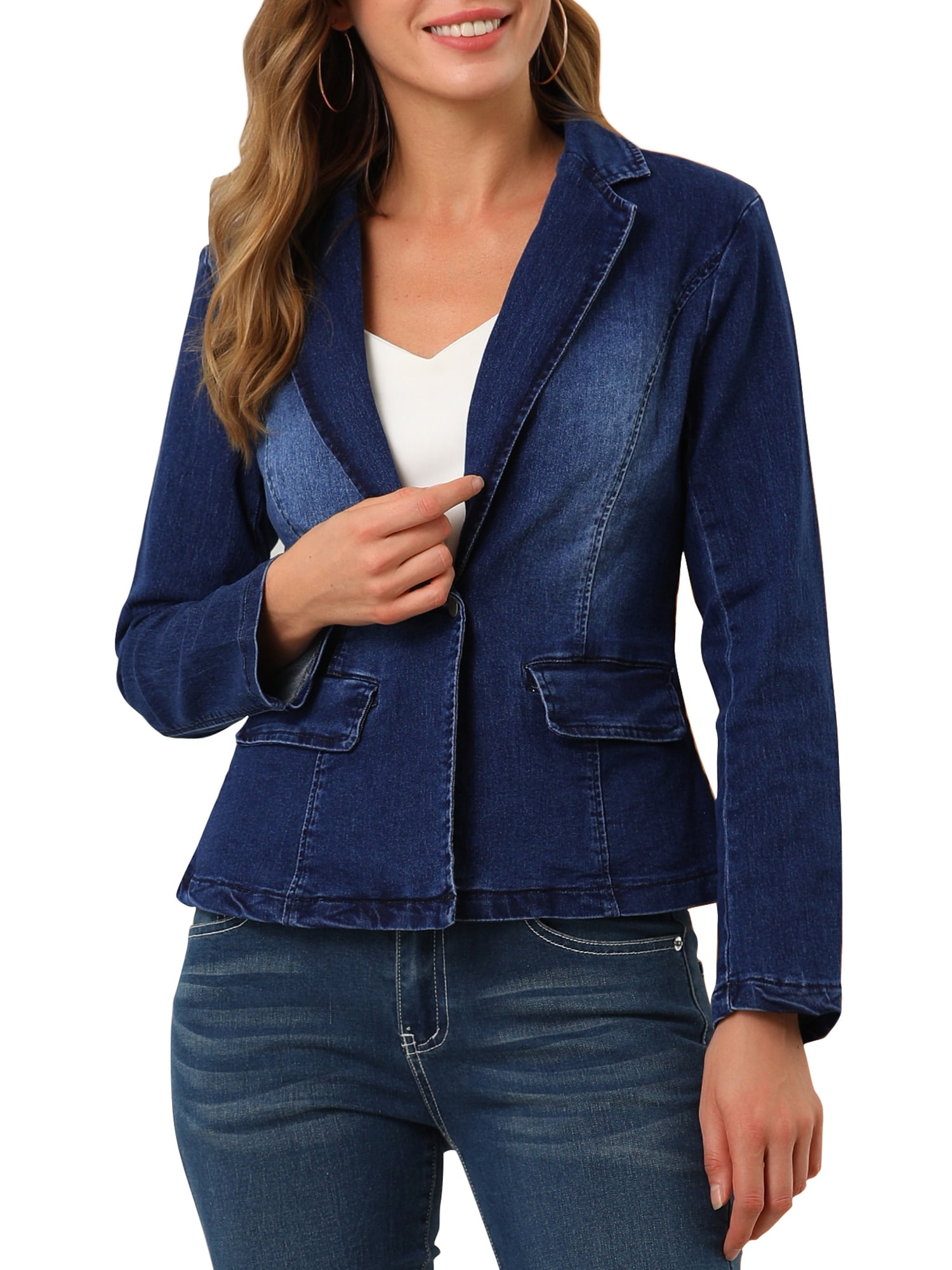 Allegra K Women's Notched Lapel Button Up Long Sleeve Washed Denim ...