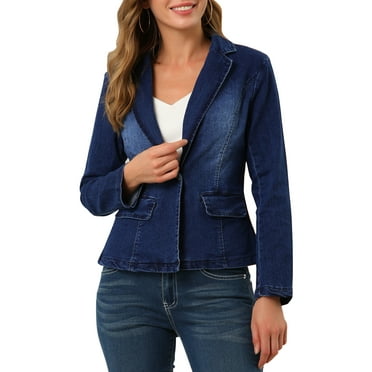 Allegra K Women's Notched Lapel Button Up Long Sleeve Washed Denim Jacket