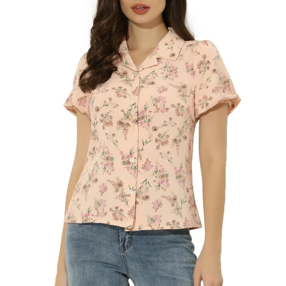 INSPIRE CHIC Women's Notched Lapel Button Up Short Sleeve Floral Shirt