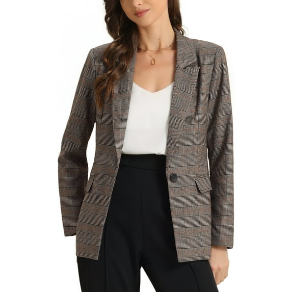 INSPIRE CHIC Women's Blazers Notched Lapel Long Sleeve One Button Plaid Blazer L Black Brown