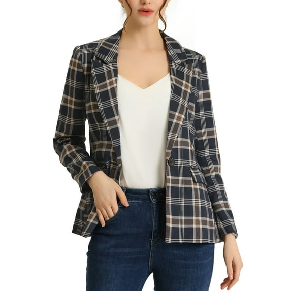 INSPIRE CHIC Women's Blazers Notched Lapel Long Sleeve One Button Plaid Blazer L Dark Blue