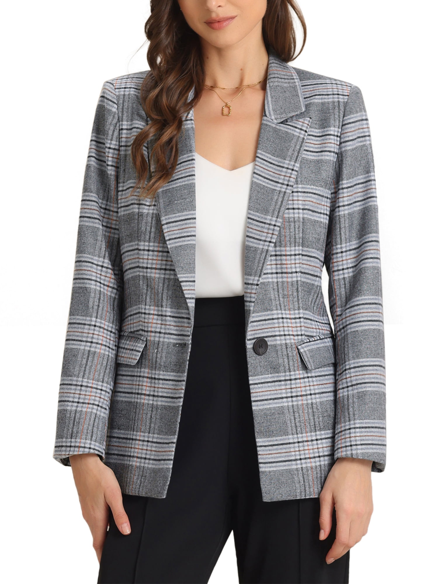 Plaid Lapel Collar Long Sleeve Blazer main image 0