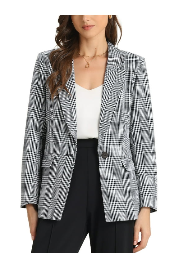 Women's Blazers Notched Lapel Long Sleeve One Button Plaid Blazer Black White Plaid M