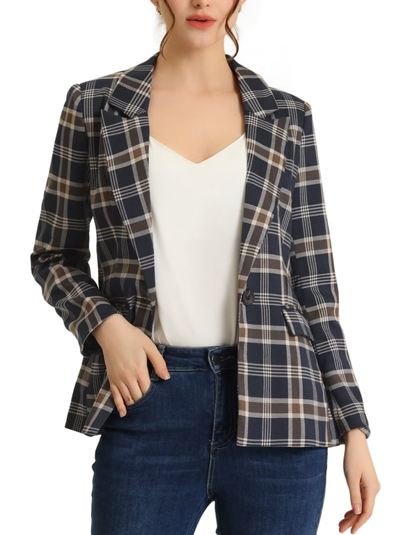 Women's Blazers Notched Lapel Long Sleeve One Button Plaid Blazer Dark Blue M