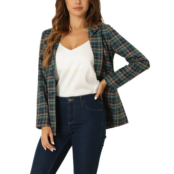 INSPIRE CHIC Women's Blazers Notched Lapel Long Sleeve One Button Plaid Blazer M Green Blue