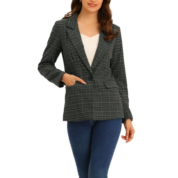 INSPIRE CHIC Women's Blazers Notched Lapel Long Sleeve One Button Plaid Blazer M Grey Black